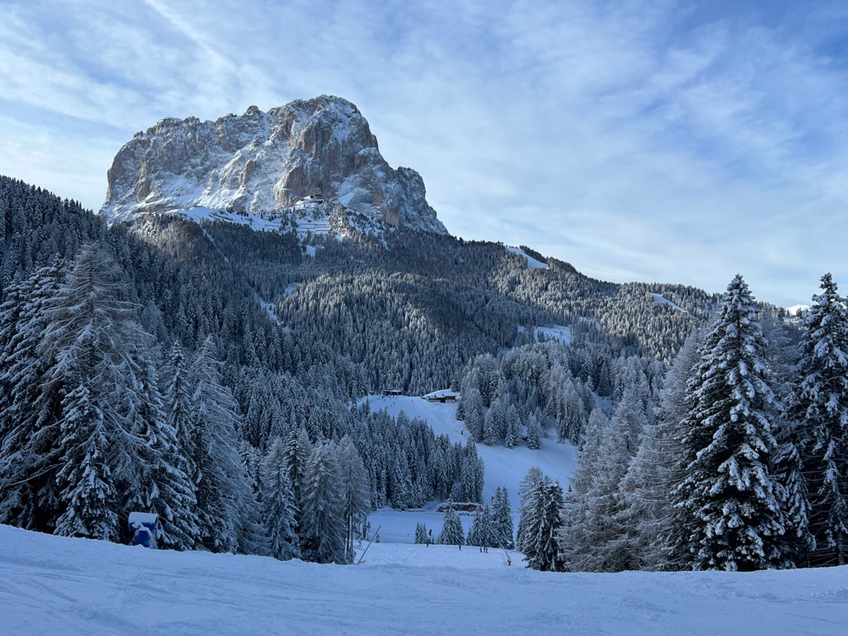 Il Sassolungo sopra il bosco innevato, con la pista in primo piano