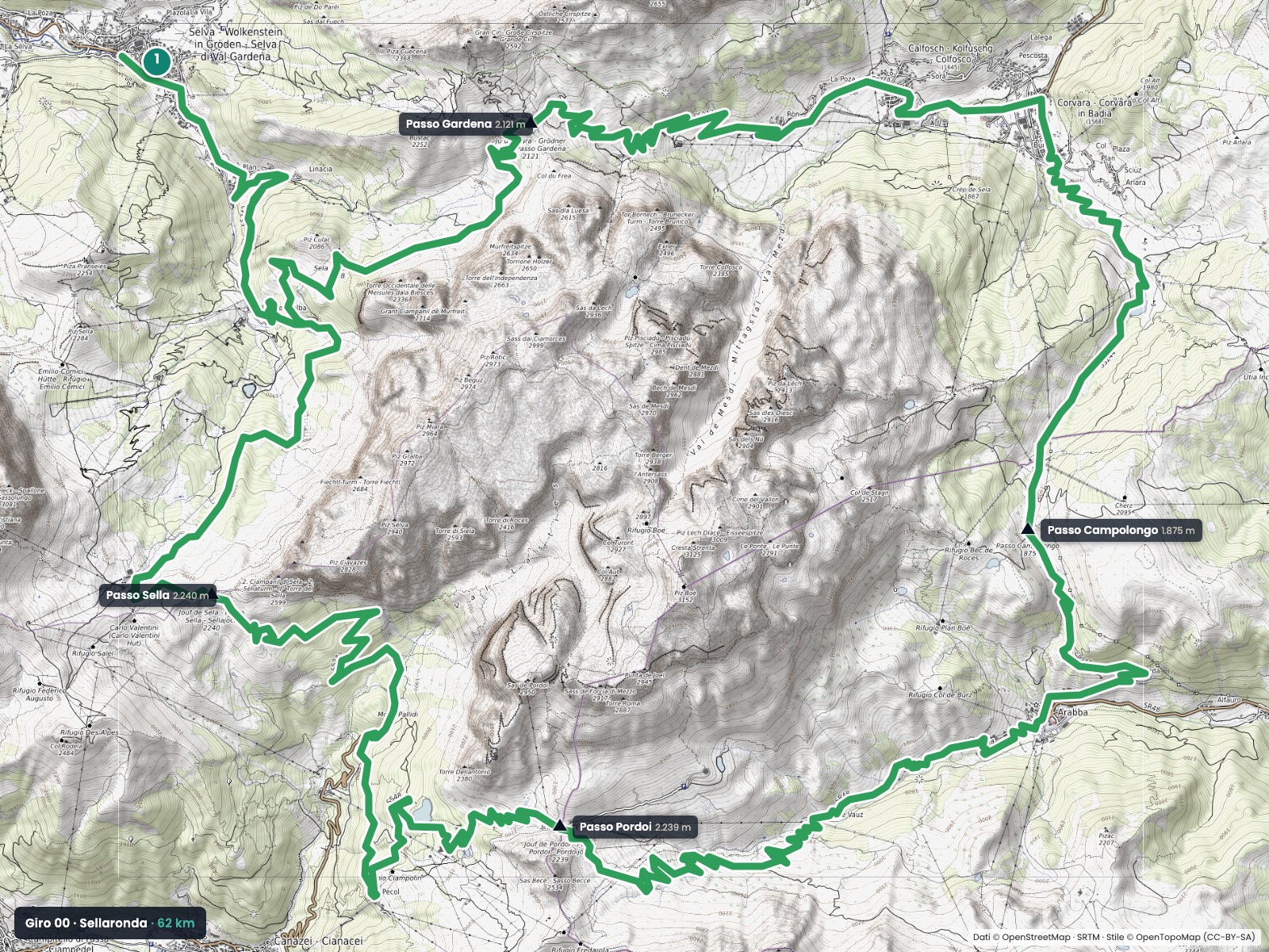 Carte du Sellaronda, la boucle des quatre cols autour du massif du Sella