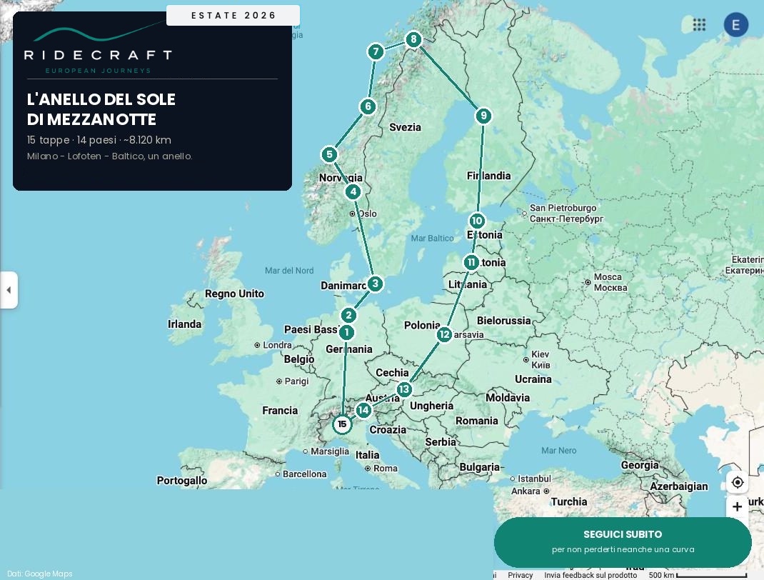 Mappa de L'Anello del Sole di Mezzanotte, da Milano alle Lofoten