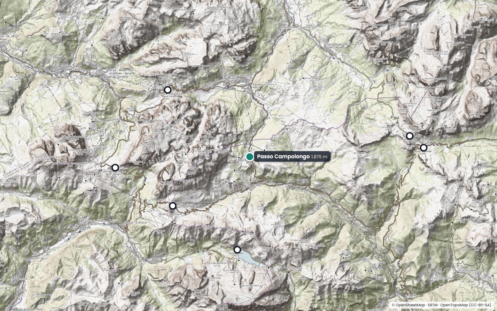 Map of the Campolongo Pass (1,875 m) and nearby passes