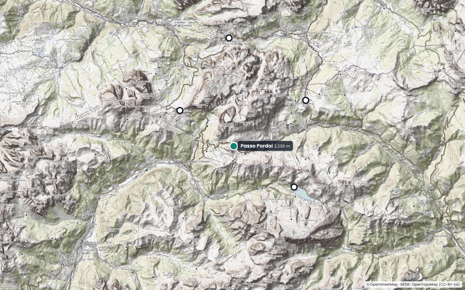 Map of the Pordoi Pass (2,239 m) and nearby passes