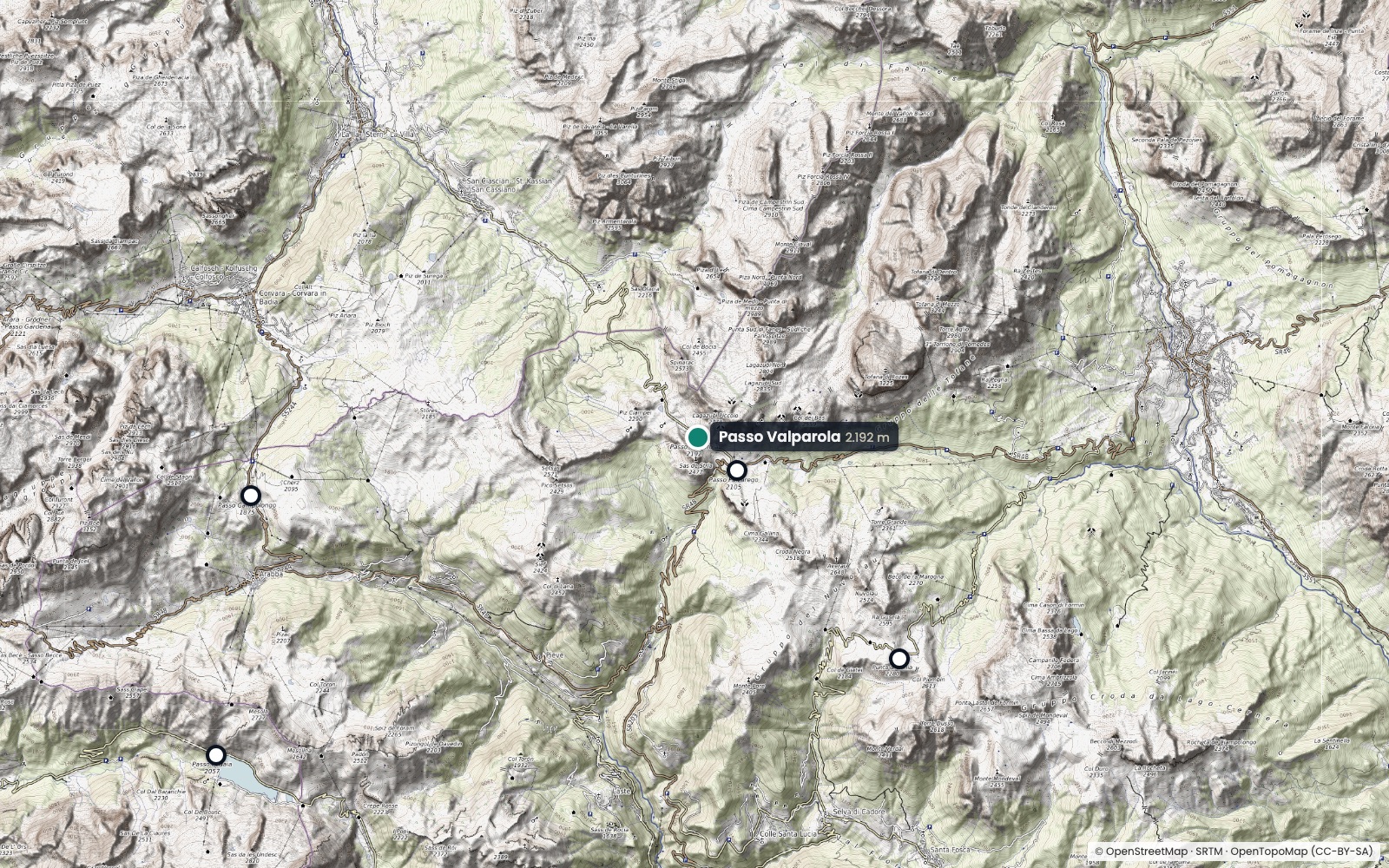 Karte: Valparolapass (2.192 m) und Pässe in der Nähe