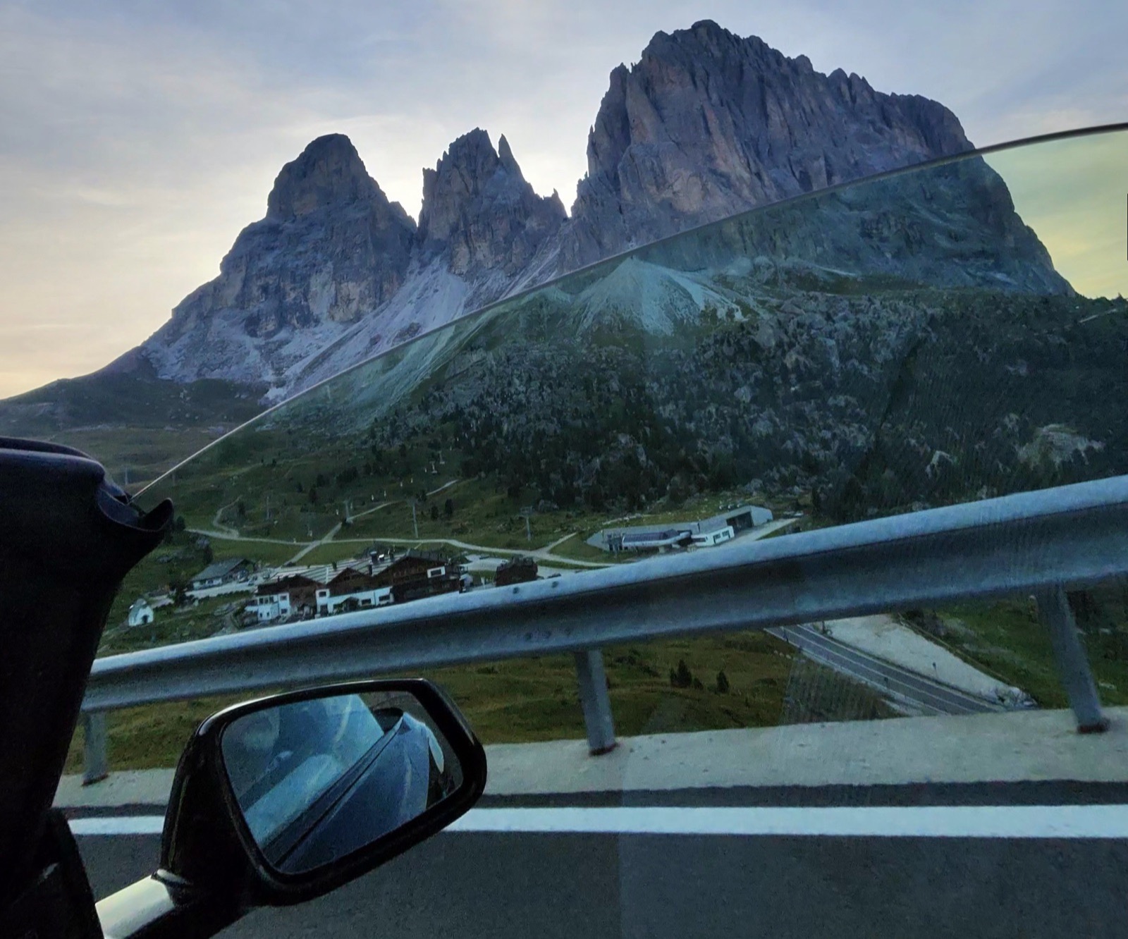 The Sassolungo from the Sella Pass, seen from the BMW Z4 with the top down